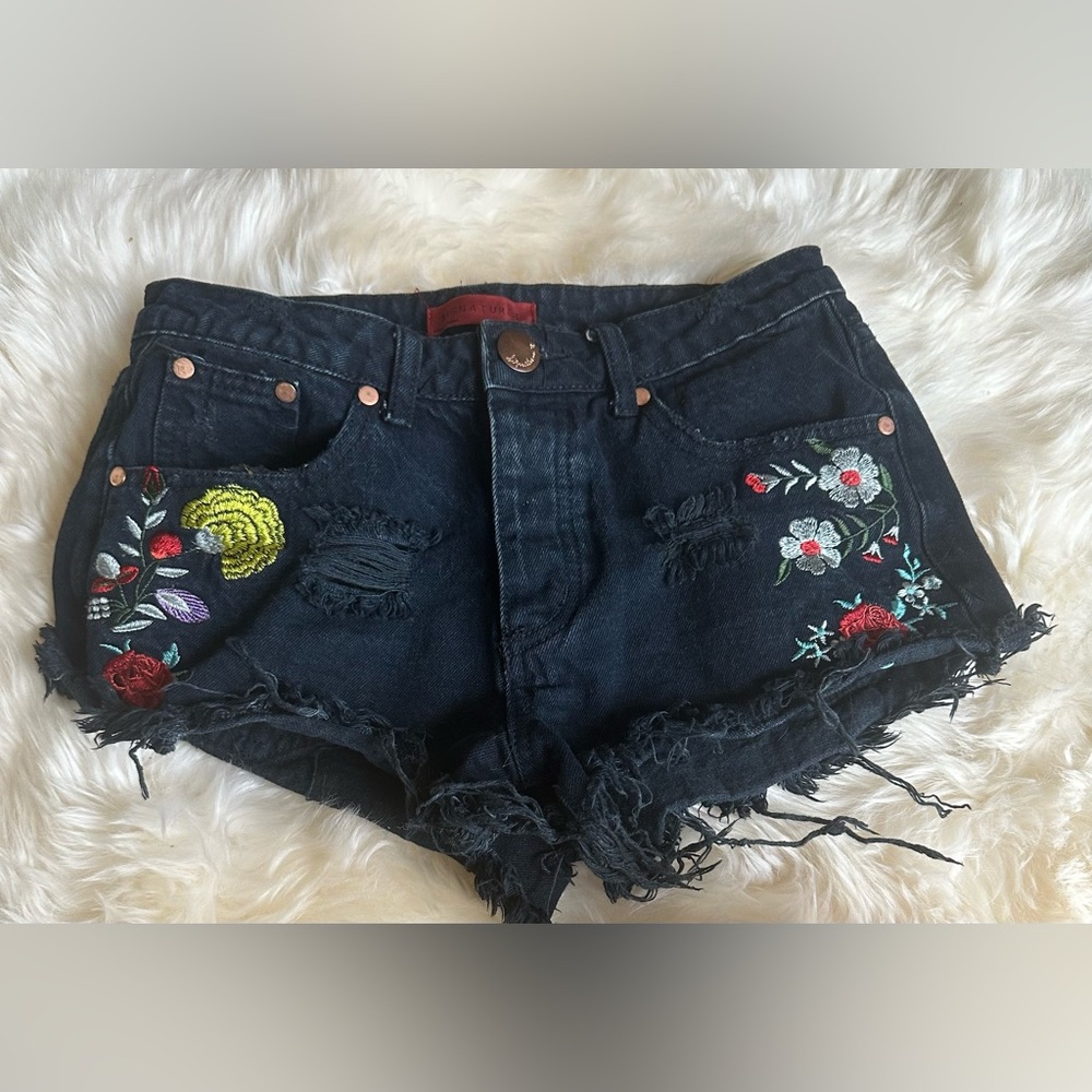 Signature8 Black and Red Jeans with Distressed Hem and Embroidery